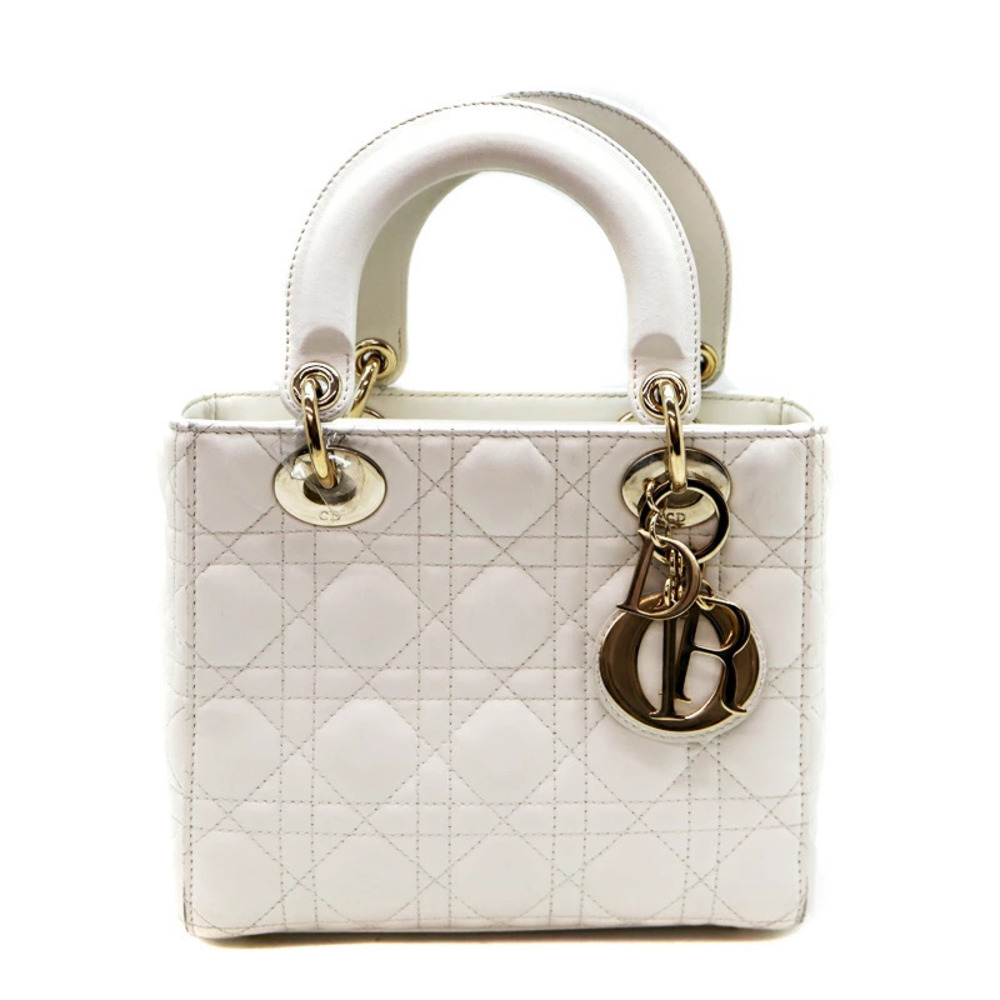 DIOR Lady Cannage Bag Shoulder Handbag Leather White